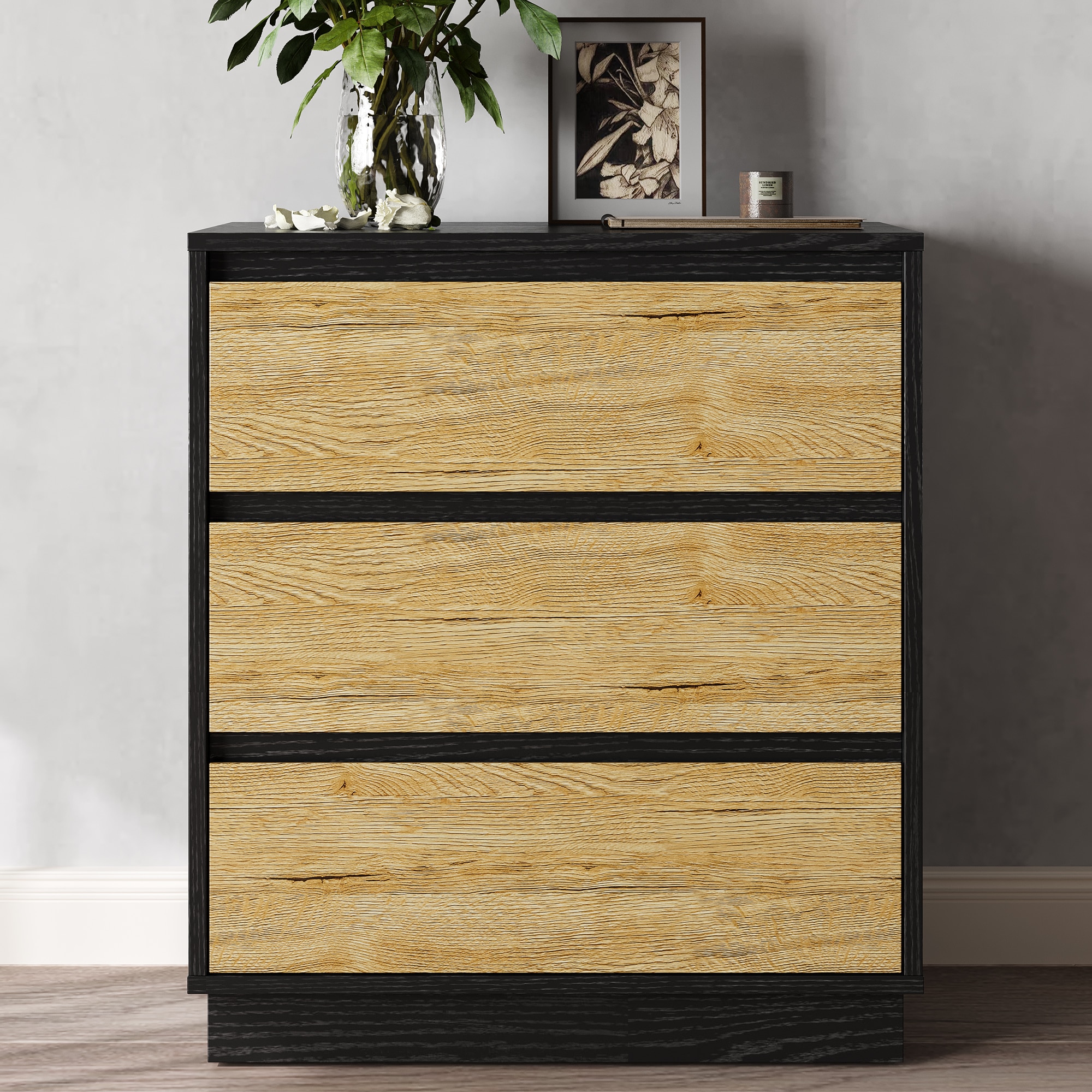 Wide Nightstand With 3 Drawers, Modern Chest Of Drawers For Bedroom, Large End Table With Hidden Pull-out System, Wooden Dresser For Living Room, Closet, Black And Wood_voghion.com